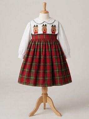 Festive Reindeer Plaid Girls Dress